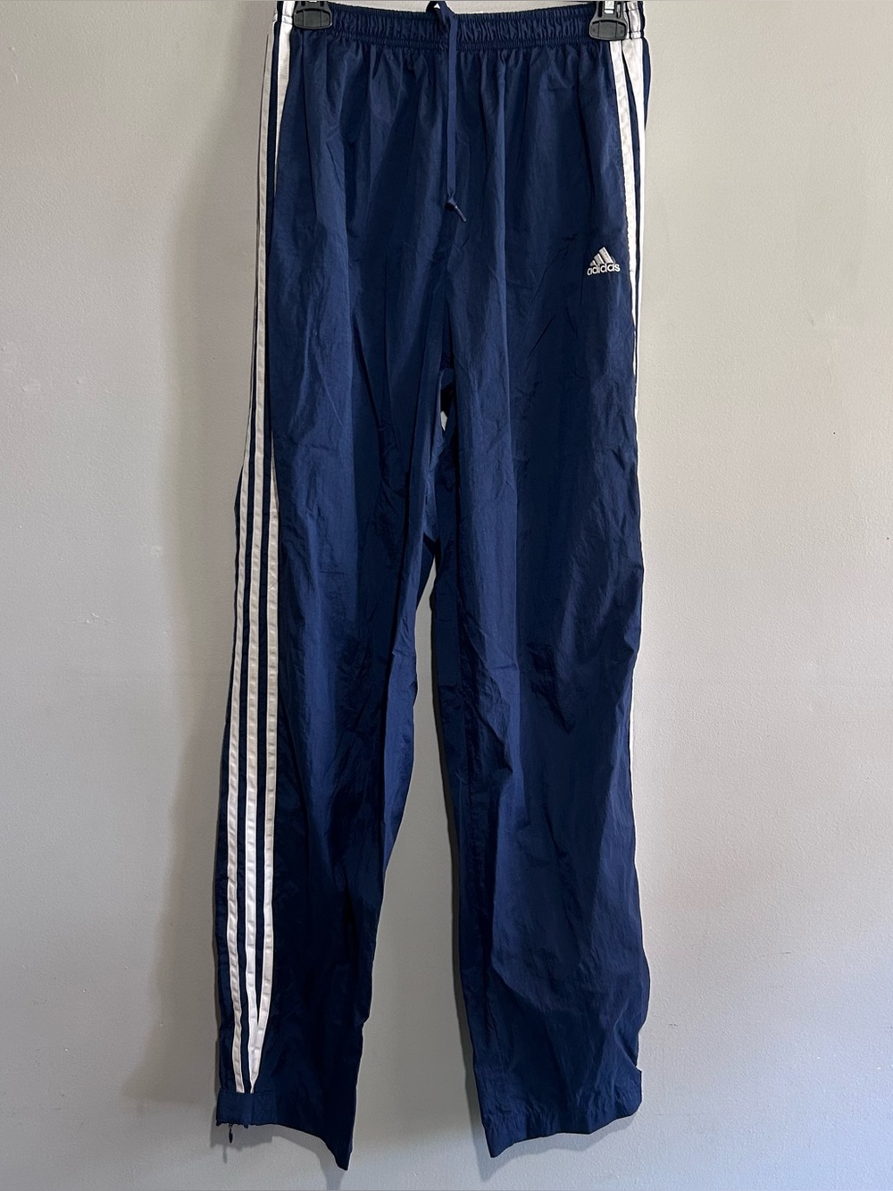 Vintage Adidas Women’s Y2K Navy 3 Stripe Nylon Track Pants Zip Hem